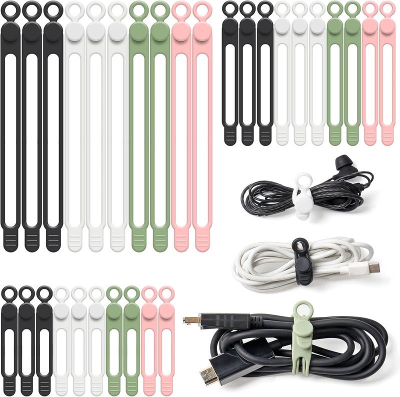 Oneleaf 30Pcs Cord Organizer, Silicone Cable Ties Reusable, Cord Ties for Electronics, Multipurpose Elastic Wire Ties, Travel Essentials for Cable Organizer, Wire Organizers for Fastening Cords - Image 1